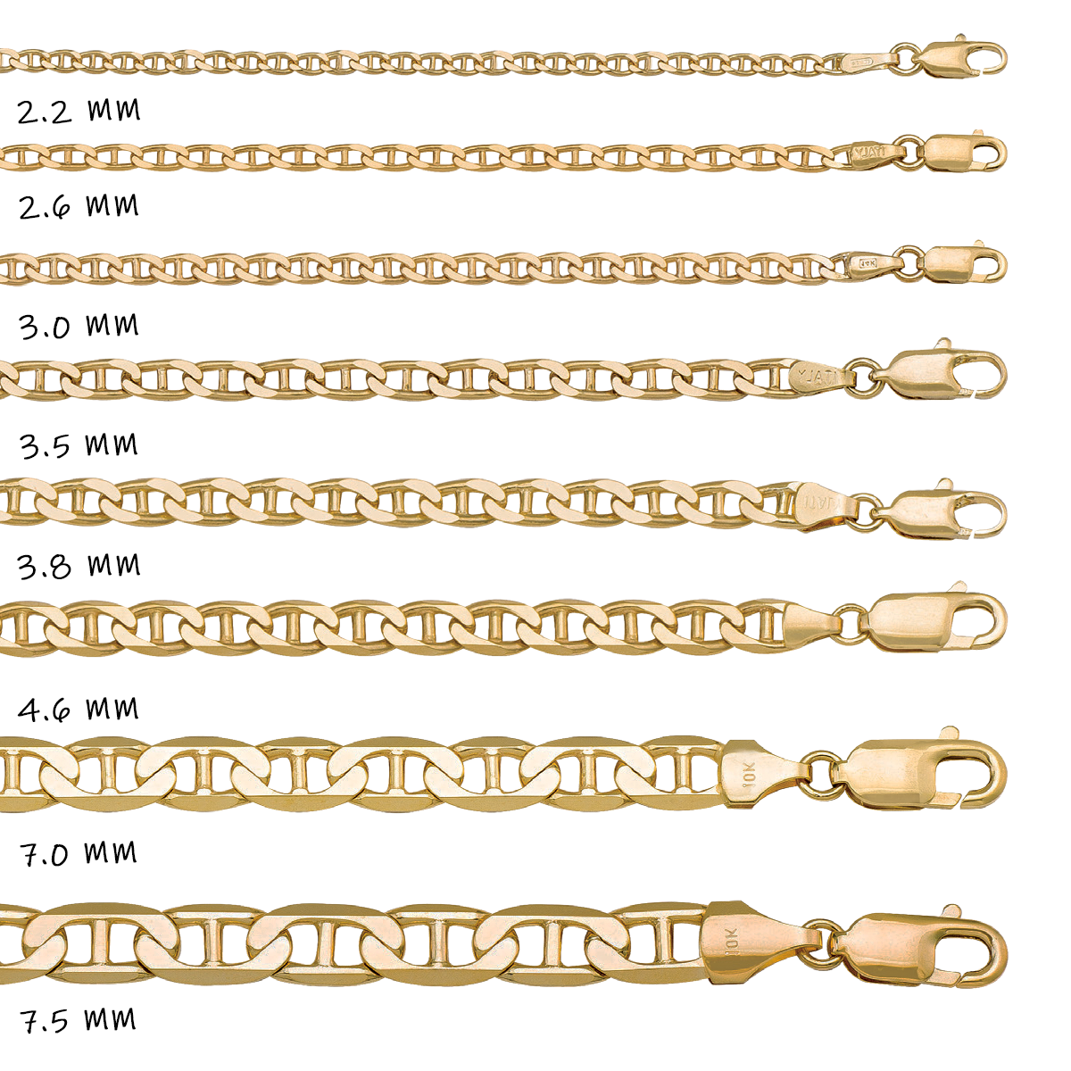 CANC04, Gold Chain, Flat Anchor, Yellow Gold, 2.0 to 3.6 mm