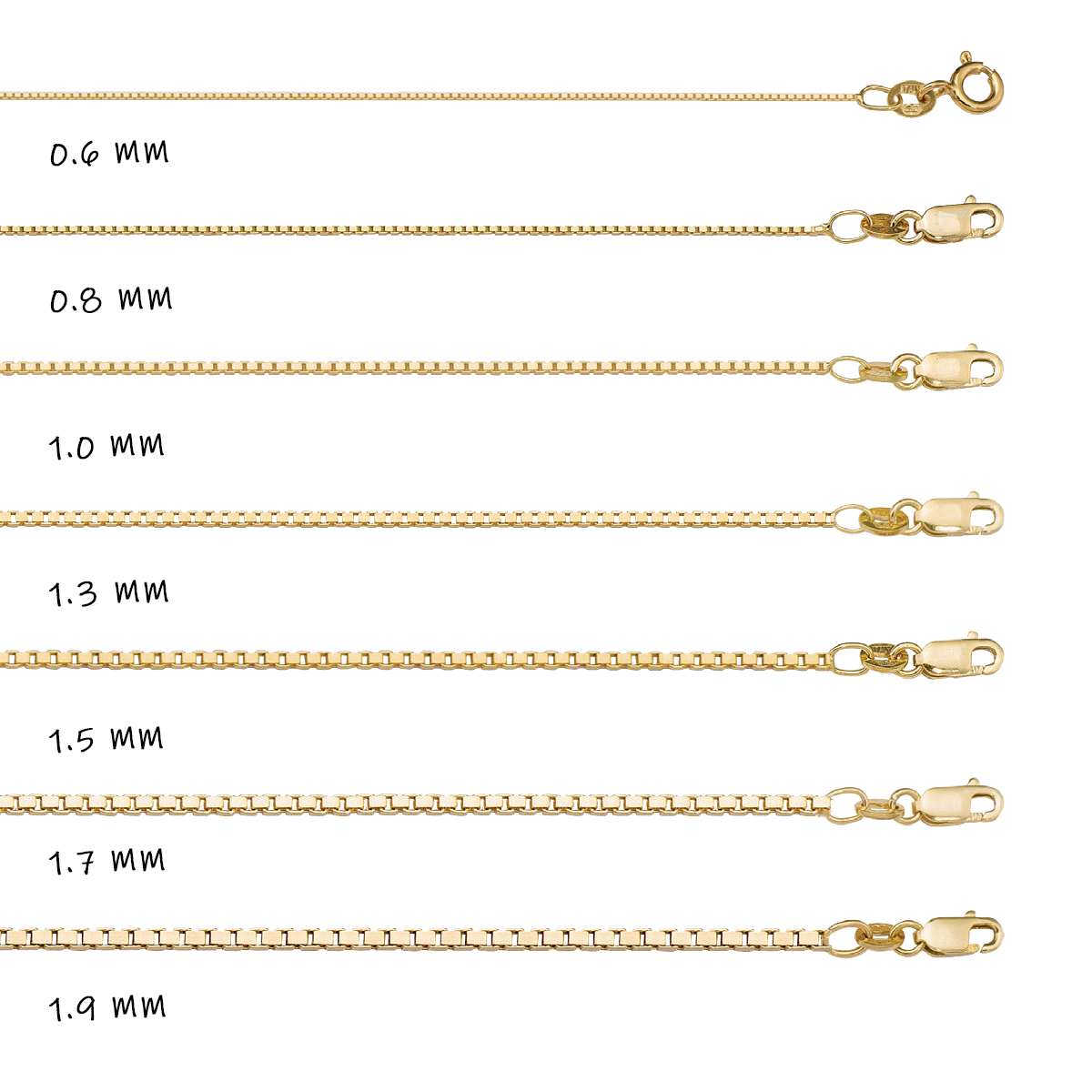 CBX01, Gold Chain, Box, Yellow Gold, 0.6 to 1.3 mm