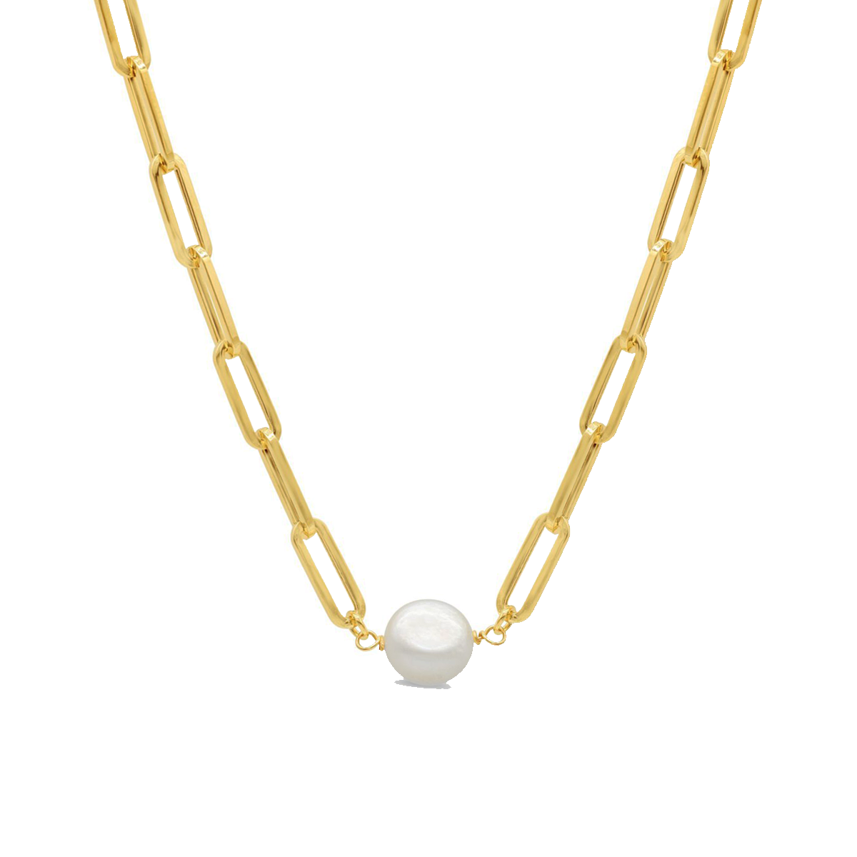 NF0103, Gold Necklace, Paper Clip, Fresh Water Pearl