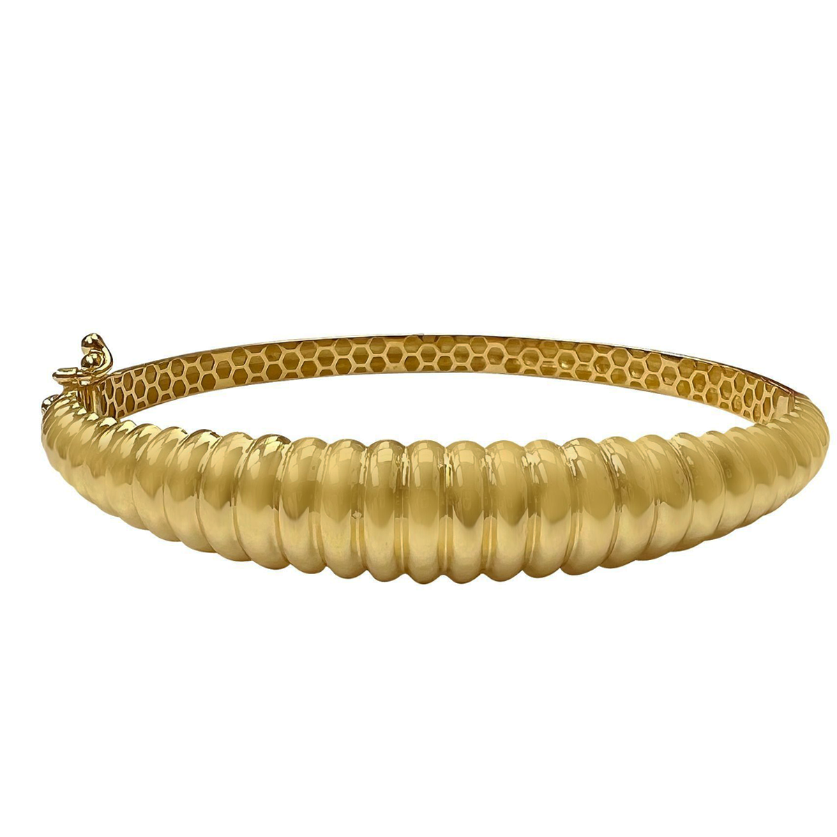 BBG0404, Gold Bangle, Hinged, Ribbed Croissant, Yellow Gold